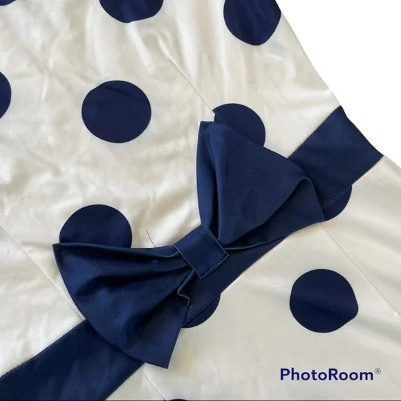 ELFIN White And Blue Polka Dot 50s Style Long Sleeve Midi Pin Up Bow Dress - Picture 4 of 9